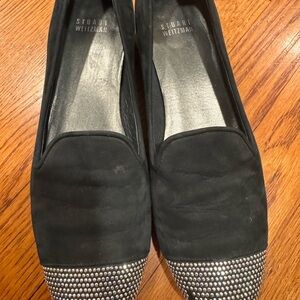 Stuart Weitzman Black and Silver Flats with Rhinestone Embellishments